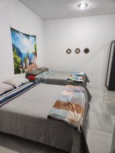 um quarto com 2 camas e um mural na parede em Casa Linda Vista em Guanajuato