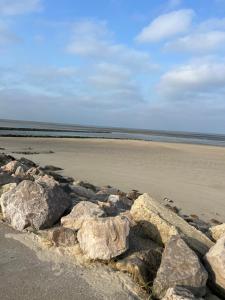 a beach with rocks on the sand and the ocean at La Manufacture du Sable in Berck-sur-Mer