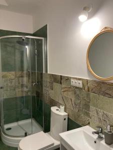 y baño con ducha, aseo y lavamanos. en Villa Italiana pokoje z prywatnymi łazienkami & Odnowa Biologiczna en Gdynia
