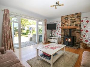 a living room with a couch and a fireplace at 50 Harbour Road in Bognor Regis