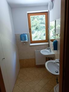 uma casa de banho com 2 lavatórios e uma janela em Valvasorjev dom pod Stolom em Žirovnica