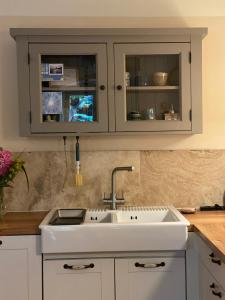 a kitchen with a sink and a counter top at Familienfreundliches Landhaus in Struppen