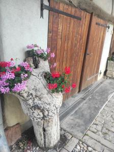 un vase en pierre rempli de fleurs à côté d'une porte dans l'établissement Gite de peupliers, à Valdieu