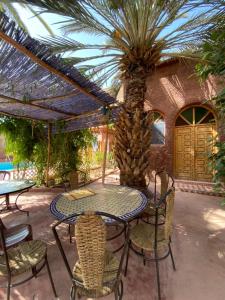 une terrasse avec une table, des chaises et un palmier dans l'établissement Maroc Galacx, à Ouarzazate