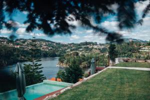a swimming pool with a view of a river at Costeira Douro in Castelo de Paiva