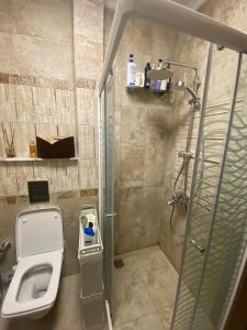 y baño con ducha, aseo y lavamanos. en Luxurious, fully furnished and well-equipped apartment with modern amenities, stunning views, and convenient location for remote work or studying from home, en El Cairo
