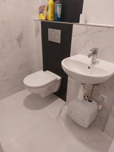 a white bathroom with a toilet and a sink at Bezbariérový apartmán Lodenica - v tesnej blízkosti Adelli centra in Piešťany