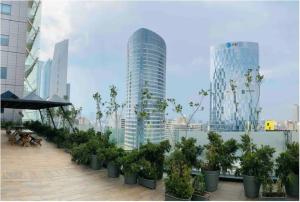 a row of potted plants on a balcony with buildings at Cozy suite asombrosa ubicación in Mexico City