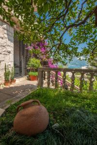 a pot sitting in the grass next to a fence at Apartments and Rooms Teona in Budva