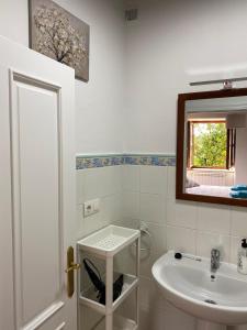 Baño blanco con lavabo y espejo en Apartamentos El Campo, en Castropol