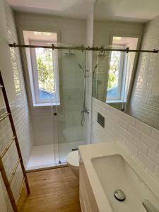 uma casa de banho com um chuveiro, um WC e um lavatório. em Uporto House Palace no Porto