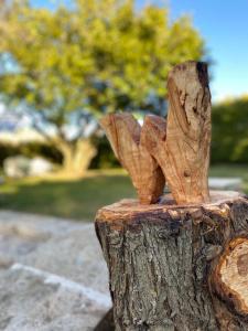 un trozo de madera sentado en la parte superior de un tronco de árbol en APARTAMENTOS TURÍSTICOS WAMBALORE, 