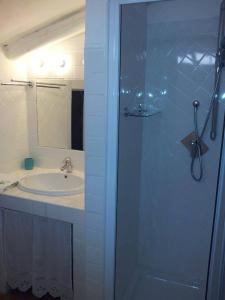ein Badezimmer mit einem Waschbecken und einer Dusche mit einer Glastür in der Unterkunft Apartment Alba in Porto Cervo