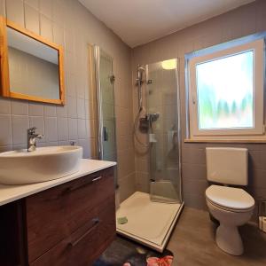 een badkamer met een wastafel, een douche en een toilet bij Gästehaus Lehnerer Grainau in Grainau