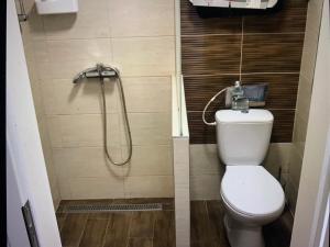 a bathroom with a shower with a toilet in it at Texas pub & apartman in Budapest