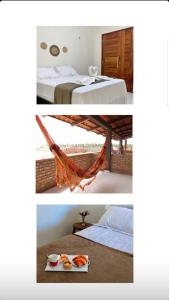 two pictures of a bedroom with a bed and food on a tray at POUSADA SOLAR DOS MOREIRAS in Guajiru