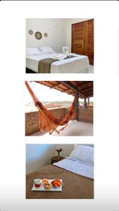 - deux photos d'une chambre avec un lit et de la nourriture sur un plateau dans l'établissement POUSADA SOLAR DOS MOREIRAS, à Guajiru