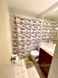 a bathroom with a toilet and a shower curtain at Acuña & Donoso Apartamentos Centro in Santiago