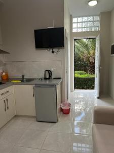 une cuisine avec un comptoir et une porte donnant sur une cour dans l'établissement Vila Mateo, à Saranda