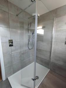 W łazience znajduje się prysznic ze szklanymi drzwiami. w obiekcie Top of the House w mieście Bognor Regis