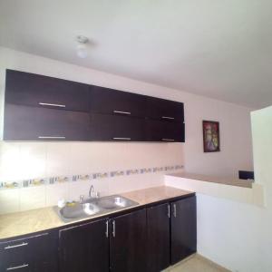 a kitchen with a sink and black cabinets at Aparta Hotel Ana Luis in Río San Juan