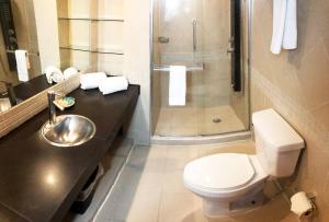ein Bad mit einem WC, einem Waschbecken und einer Dusche in der Unterkunft GREAT COZY LOFT LUXORY POOL/ GYM/JACUZZI/ROOF TOP in Mexiko-Stadt