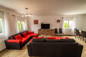 a living room with a black couch and red pillows at Magnificent villa: 2 private pools, BBQ, garden & parking. 13 per. In Padul in Granada