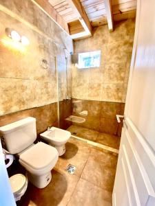 une salle de bain avec toilettes, douche et lavabo dans l'établissement Departamentos Tres Maitenes, à Villa La Angostura