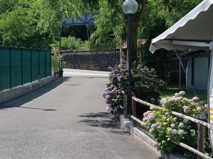 Eine Straße mit einem Blumenstrauß neben einem Zaun in der Unterkunft Parco Vacanze Bracchetto Vetta in Carrodano Inferiore