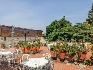 eine Terrasse mit Tischen, Stühlen und Topfpflanzen in der Unterkunft Hotel Casa Arnel in Oaxaca de Juárez