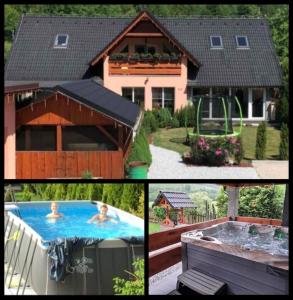 a collage of pictures of a house and a pool at Dovolenkový dom Čarnica in Mlynky 