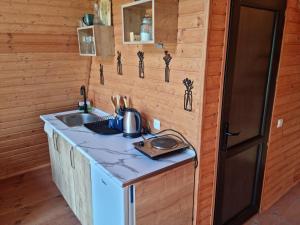 a kitchen with a counter and a sink in a cabin at Cottage Tvishi in Tvishi
