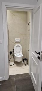 a bathroom with a white toilet in a room at Heart of Tirana Apartment in Tirana