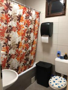 a bathroom with a shower curtain with a toilet and a sink at House For Rent in Pristina