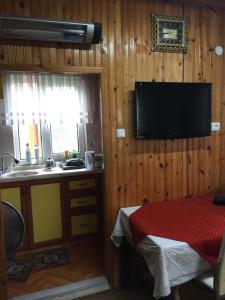 a kitchen with a sink and a tv on the wall at UZUNALİ DAĞ EVİ in Düzköy