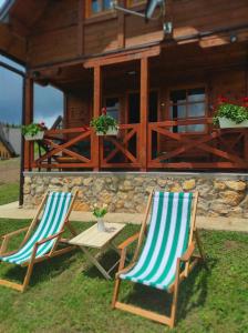 two chairs and a table in front of a cabin at Tarovuk cabin in Zaovine