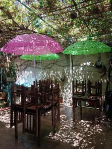 Er staan twee parasols op tafels met stoelen eronder. bij Alojamiento Ya'ax Nah in Playa del Carmen