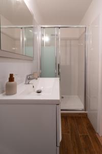 y baño blanco con lavabo y ducha. en L'Atelier d'Artiste - refuge bohème et créatif, en Toulon