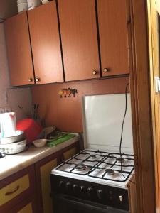 a kitchen with a stove and wooden cabinets at UZUNALİ DAĞ EVİ in Düzköy