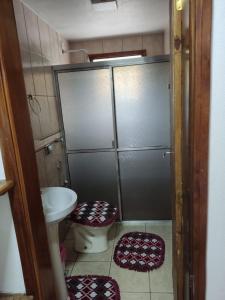 a bathroom with a shower and a toilet and a sink at Pousada Encantus in Monte Verde