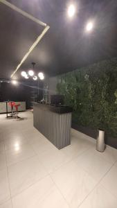an office with a reception desk and a green wall at ZUPPOLINI Apart Hotel in Bananeiras