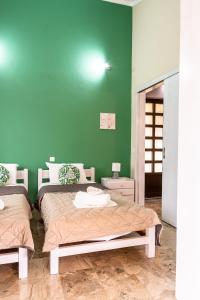 a bedroom with two beds and a green wall at Ritsinia Apartments in Aigio