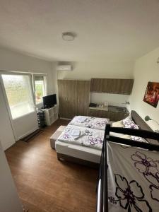 a bedroom with a bed and a television in it at Apartments Frau Trena in Gevgelija