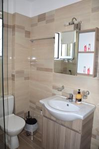 a bathroom with a sink and a toilet and a mirror at Α & D Perikleous Apartments in Kyllini