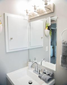 uma casa de banho com um lavatório e um espelho em 1 Bedroom Stylish Oasis em Omaha