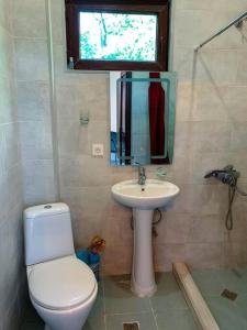 La salle de bains est pourvue de toilettes, d'un lavabo et d'une fenêtre. dans l'établissement Racha Twins, à Nikortsminda