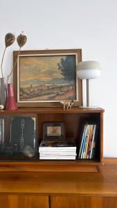 półka z obrazem, lampą i książkami w obiekcie Saperówa w Poznaniu