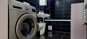 a washing machine in a bathroom with a toilet at Swan Brasov Apartment in Braşov
