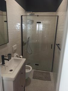 een badkamer met een douche, een wastafel en een toilet bij GrannyAnny in Šibenik