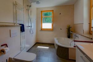 a bathroom with a tub and a toilet and a sink at Sandsteinidyll in Rathen